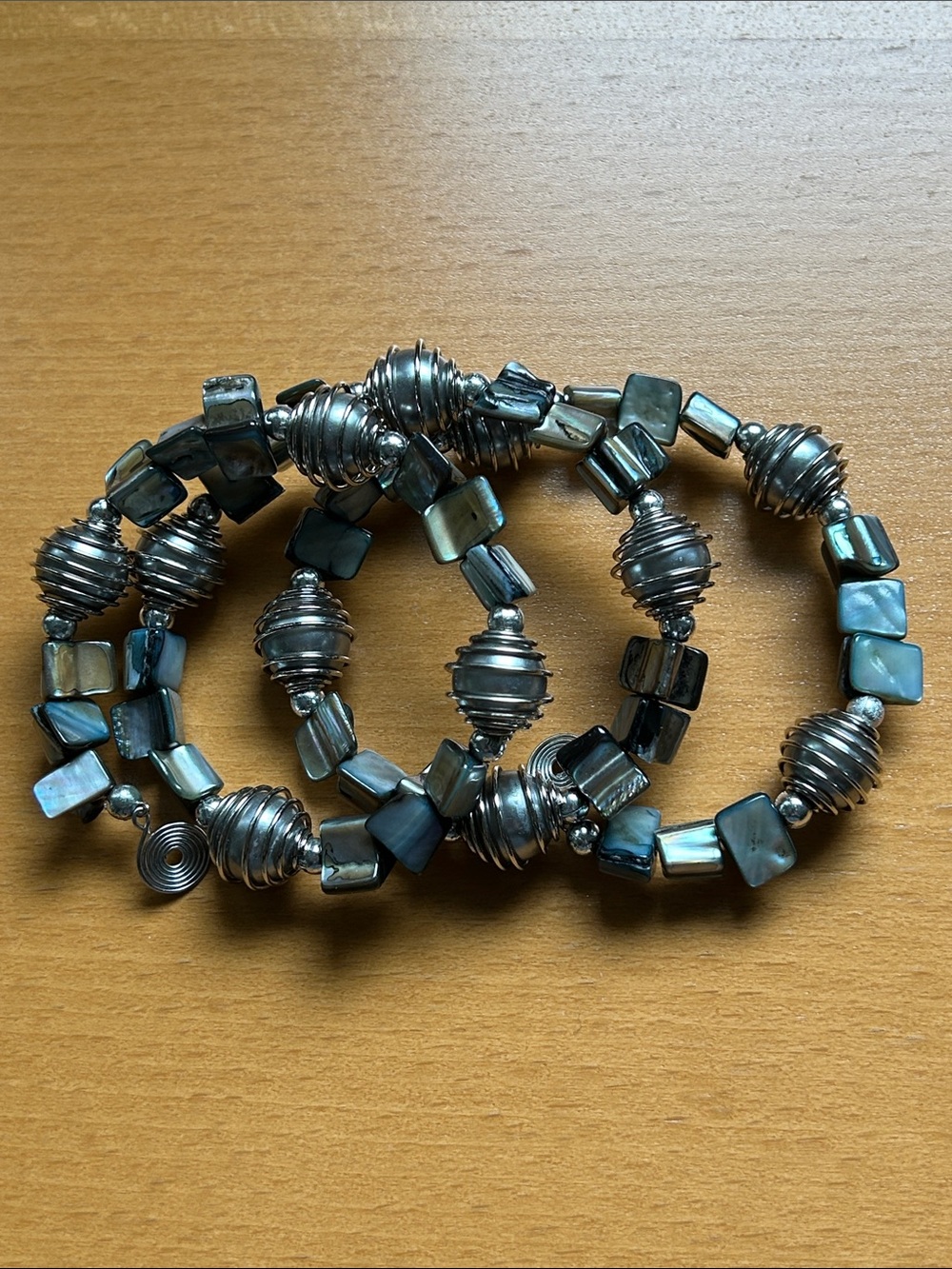 Iridescent Black Pearl & Silver Beaded Coiled Stretch Bracelet